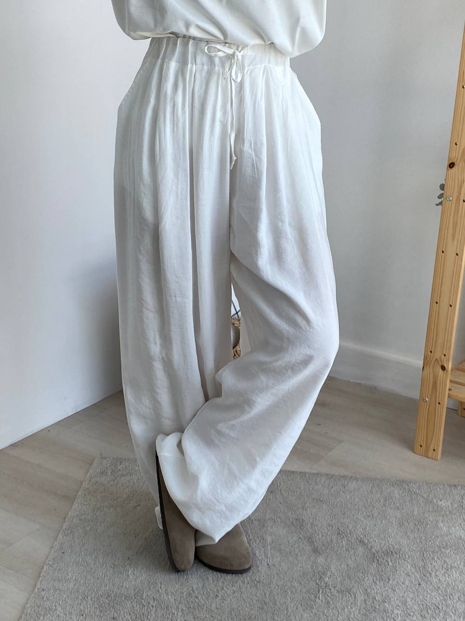 Pileli Bel Lastikli Tencel Bol Pantolon - Beyaz