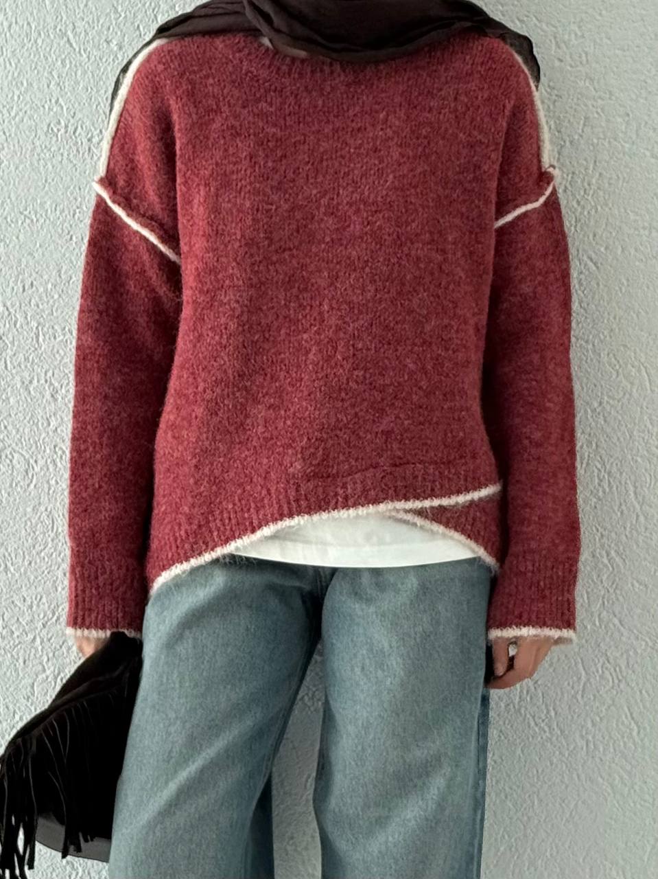 Örgü Biyeli Triko Kazak 7019 - Mercan