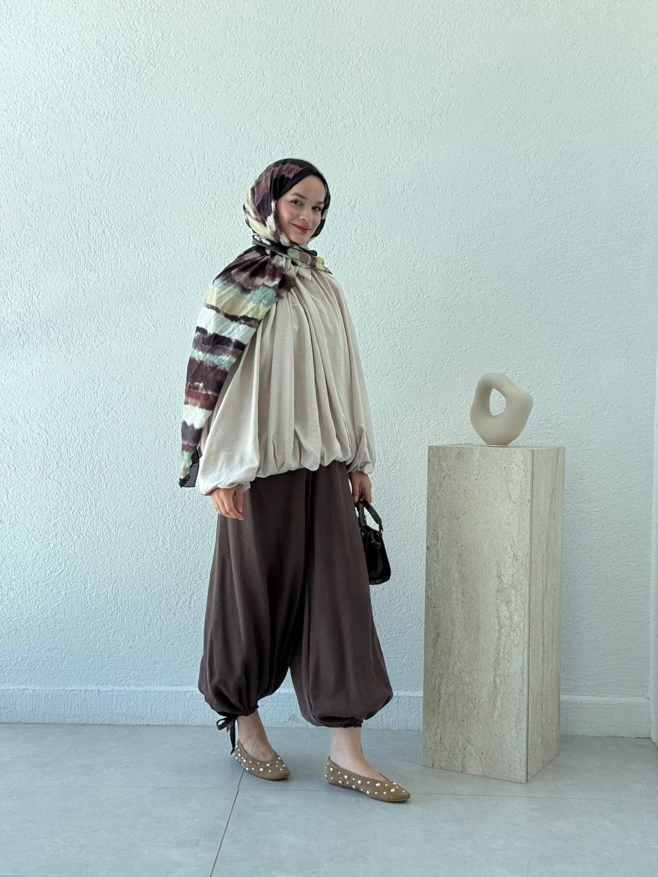 Beli Lastikli Paça Ayarlanabilir Tencel Şalvar Pantolon NM