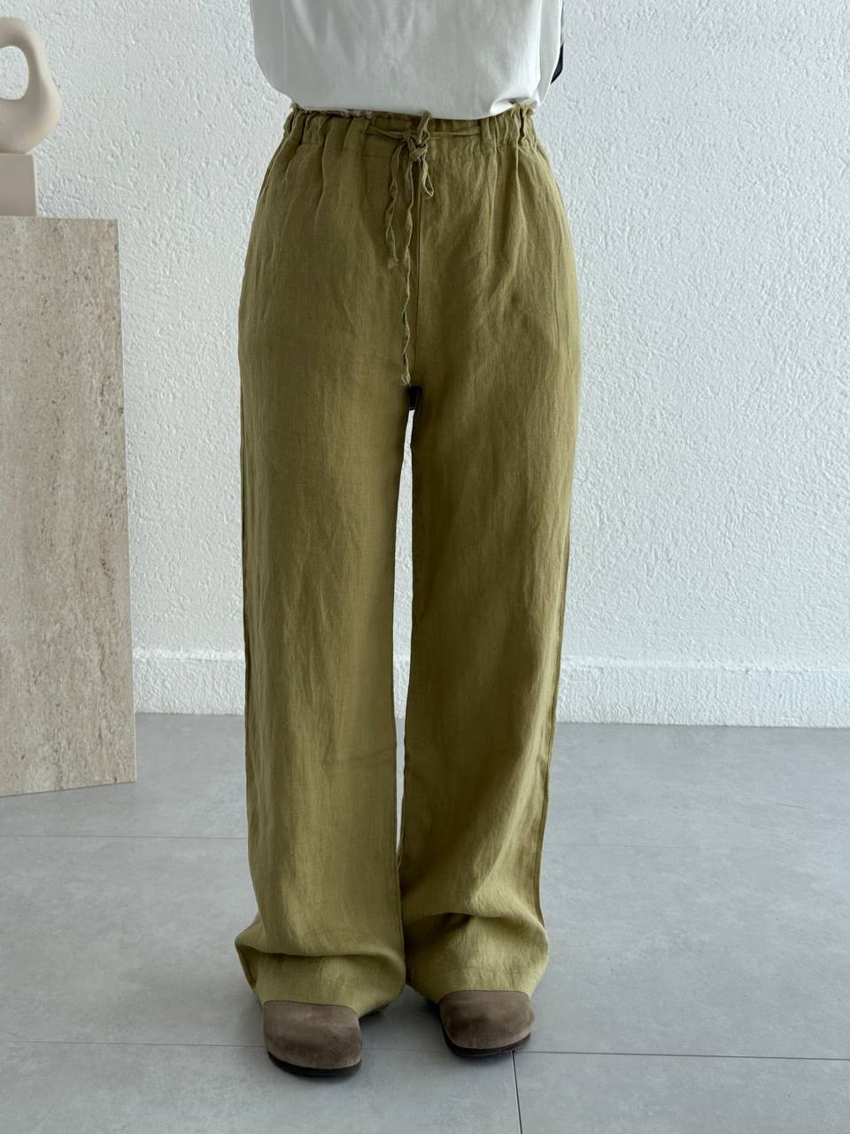 Bel Pis Dikişli Keten Bol Paça Pantolon