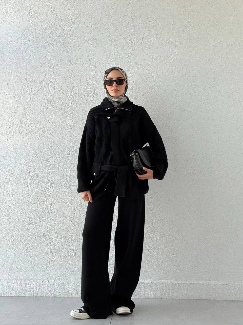 Büyük Düğmeli Triko Takım T51 - Siyah