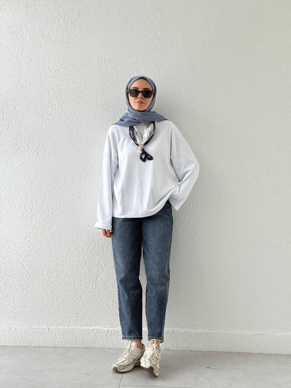 Dik Yaka Oversize Double Kol Sweat  - Beyaz