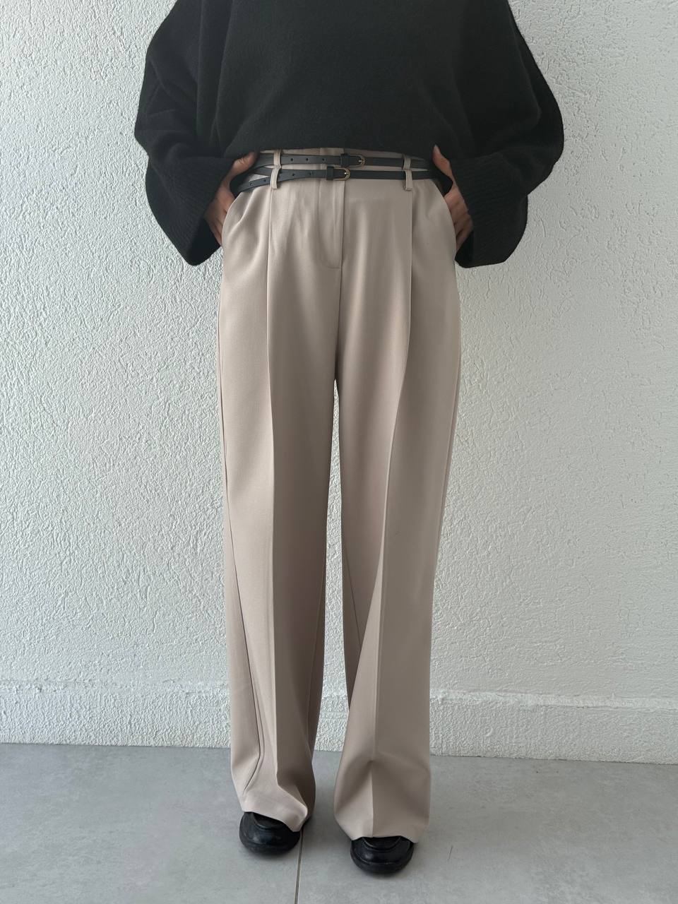 Çift Kemerli Palazzo Kumaş Pantolon 51245 - Taş