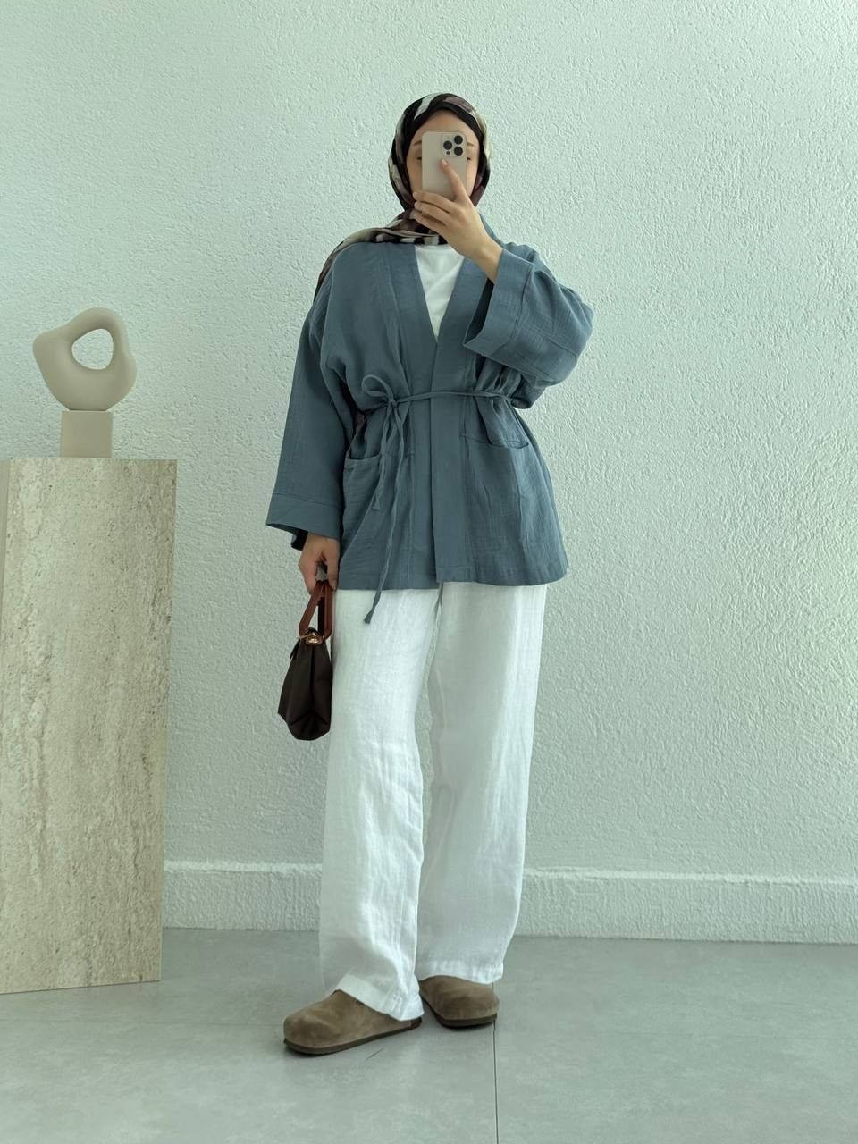 Müslin İki Cepli Kuşaklı Kimono - mavi-gri