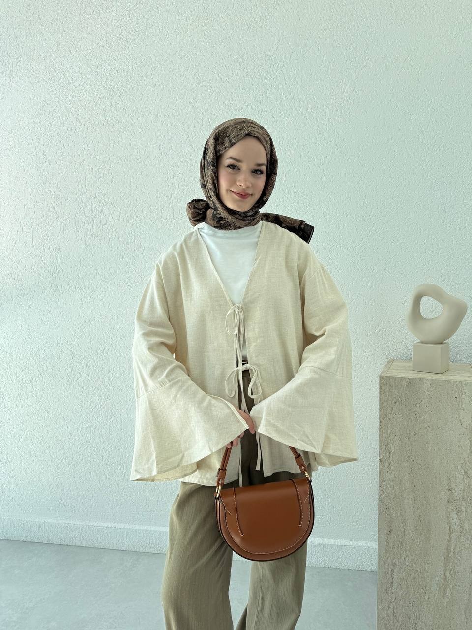 Ham Pamuk Keten Dokulu Kol Volanlı Kimono 5235 - naturel