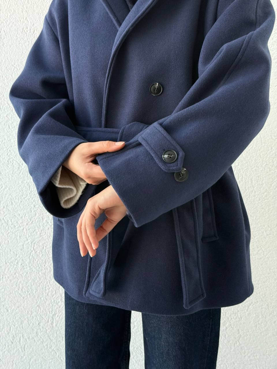 Dik Yaka Kuşaklı Kısa Kaban 250646 - Lacivert