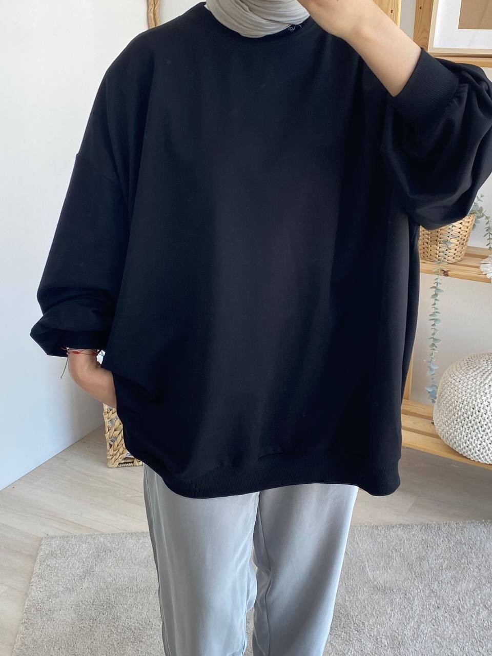 Balon Kol Oversize İki İplik Sweatshirt - Siyah