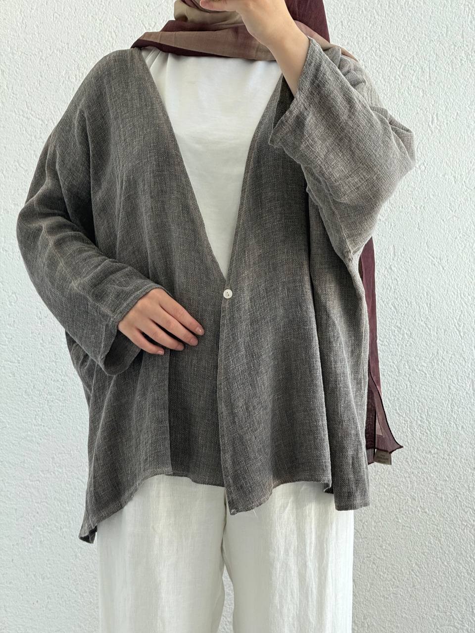 Keten Dokulu Tek Düğmeli Hırka - Kimono - Gri