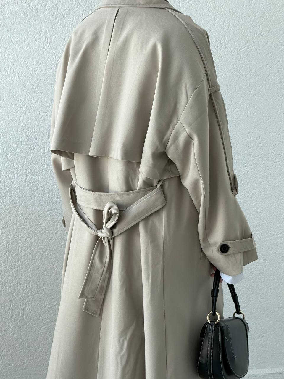 Premium Kalite Oversize Astarlı Kuşaklı Trençkot - Taş