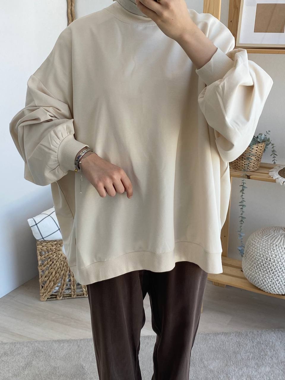 Balon Kol Oversize İki İplik Sweatshirt - Taş