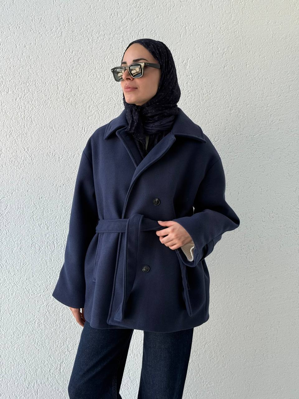 Dik Yaka Kuşaklı Kısa Kaban 250646 - Lacivert