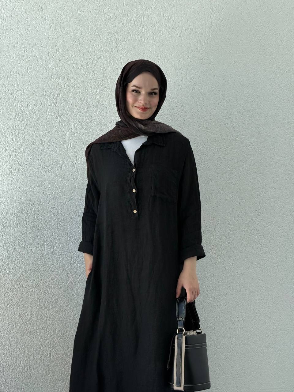 Keten Düğmeli Oversize Cepli Elbise FLR - Siyah