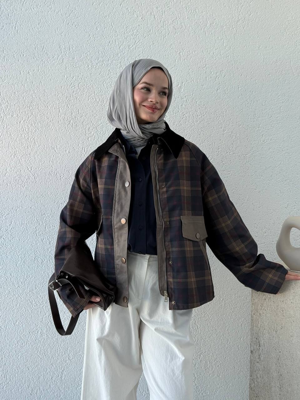 Ekose Desenli Astarlı Çıtçıtlı Ceket