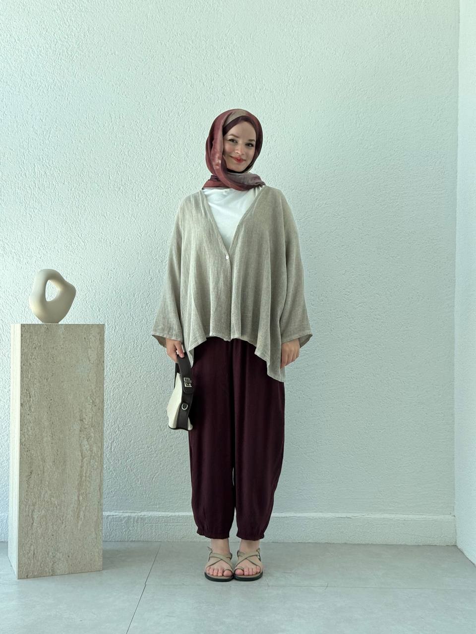 Keten Dokulu Tek Düğmeli Hırka - Kimono - Koyu vizon