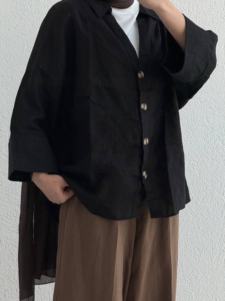 Keten Fakir Kol Geniş  Gömlek - Siyah