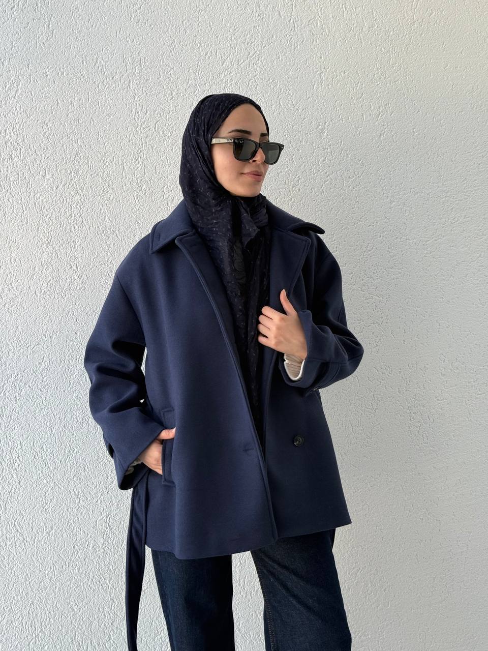 Dik Yaka Kuşaklı Kısa Kaban 250646 - Lacivert