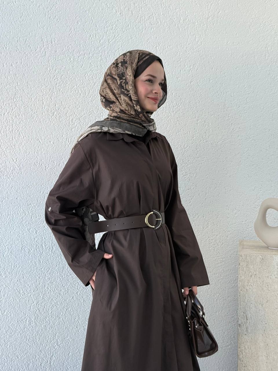Kemerli Poplin Gömlek Elbise 3350 - Kahve