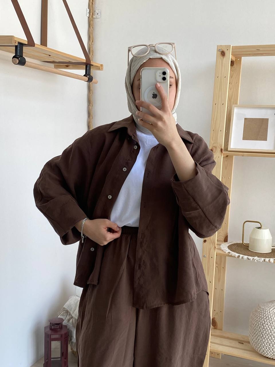 Kol Detaylı Tencel Şalvar Takım 50957 - Kahve