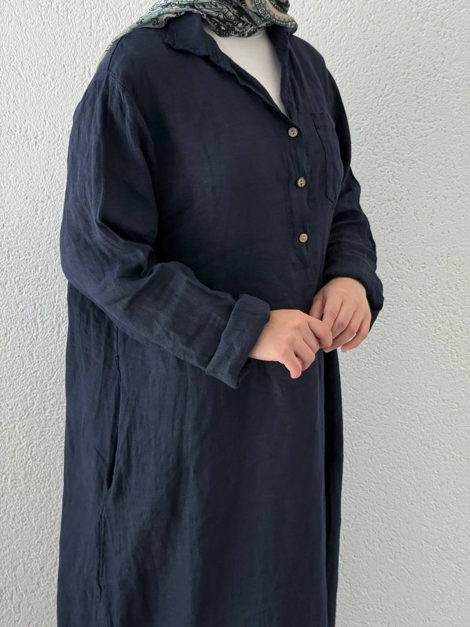 Keten Düğmeli Oversize Cepli Elbise FLR - Lacivert