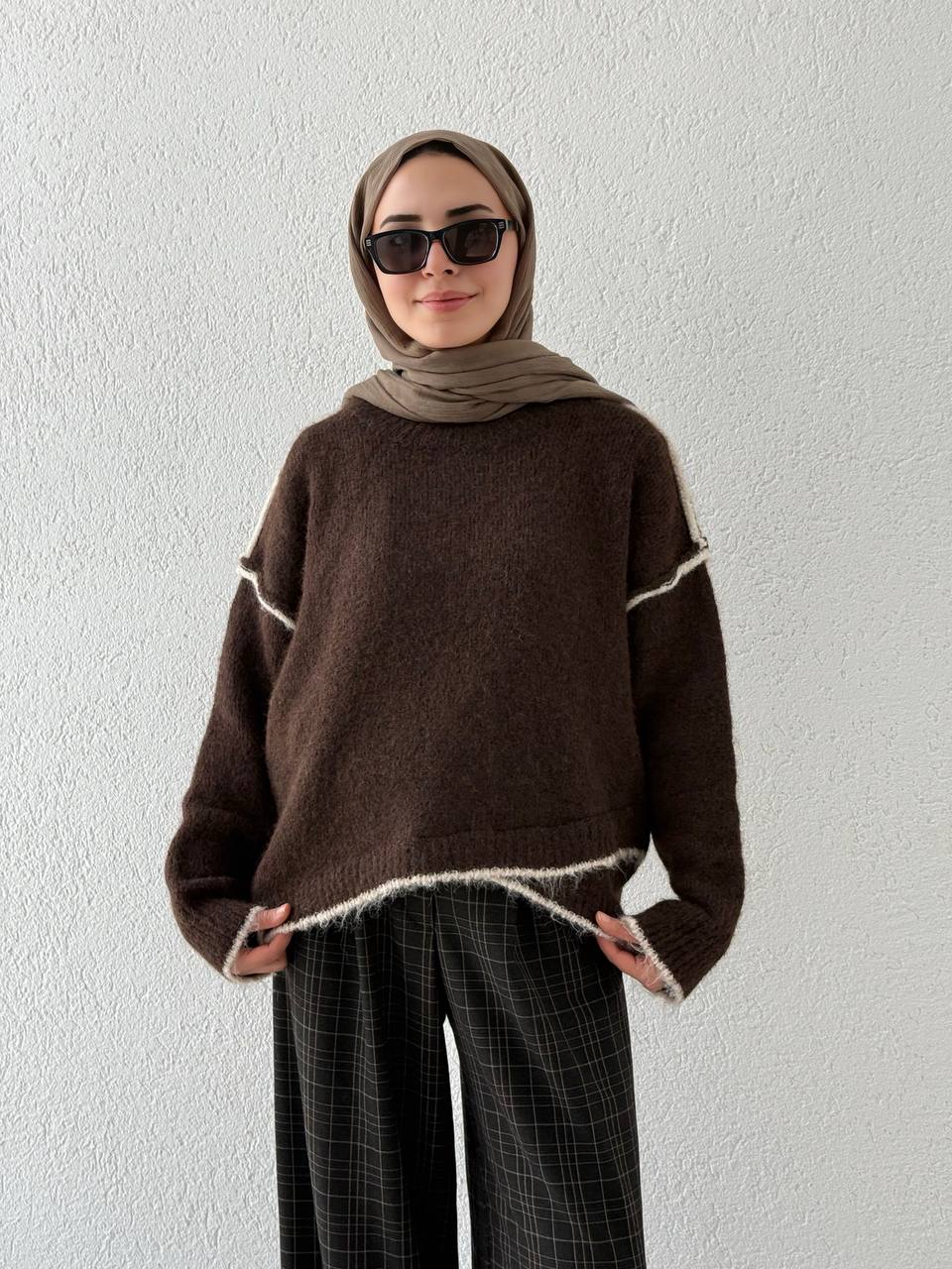 Örgü Biyeli Triko Kazak 7019 - Kahve