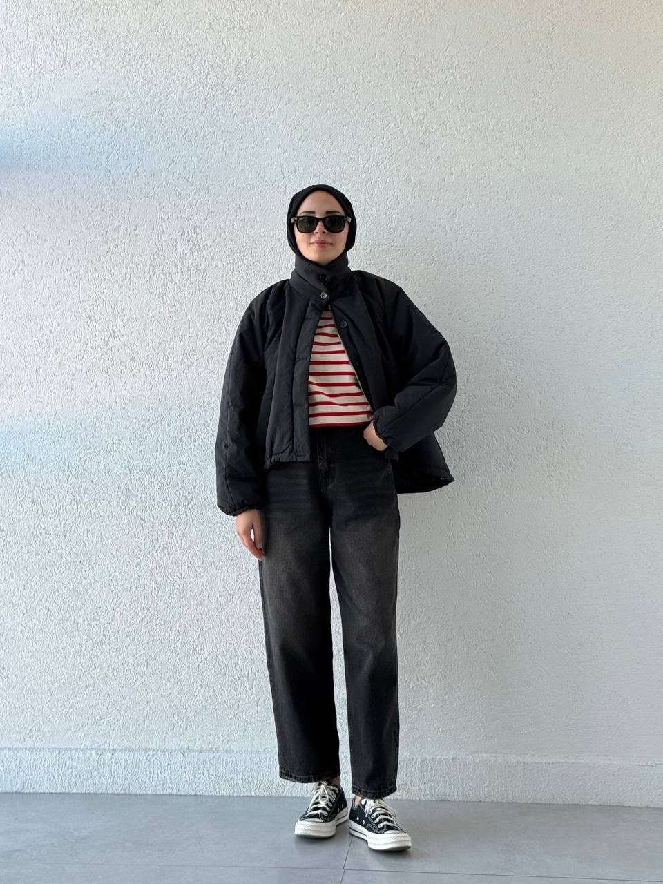 Dik Yakalı Arkası Uzun Bel Ayarlamalı Mont 2291 - Siyah