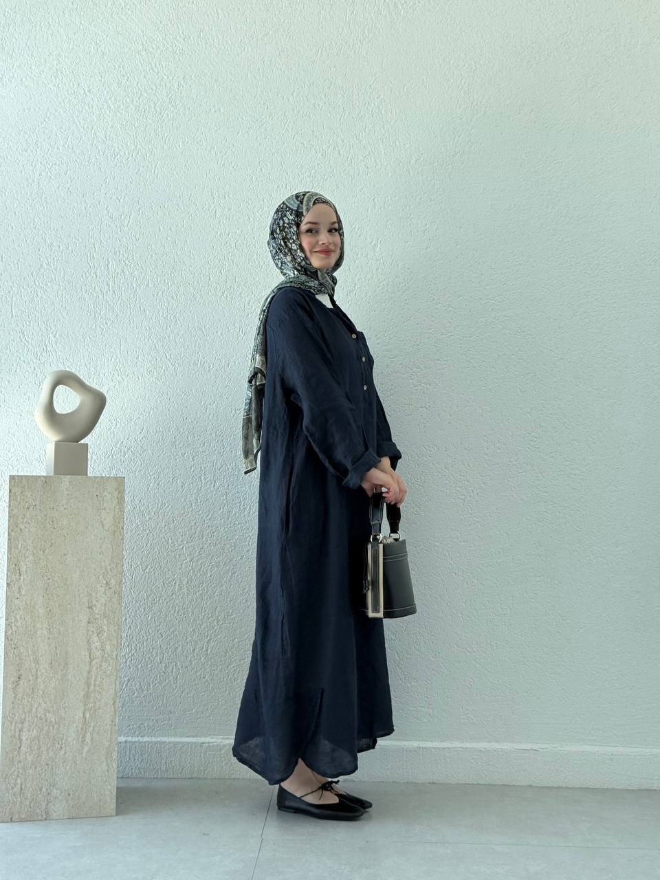 Keten Düğmeli Oversize Cepli Elbise FLR - Lacivert