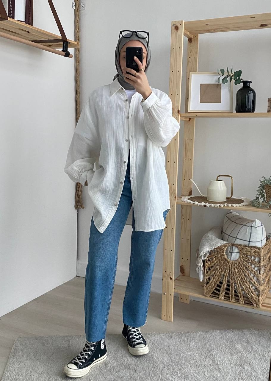 Pamuk Oversize Düşük Kol Gömlek - Beyaz