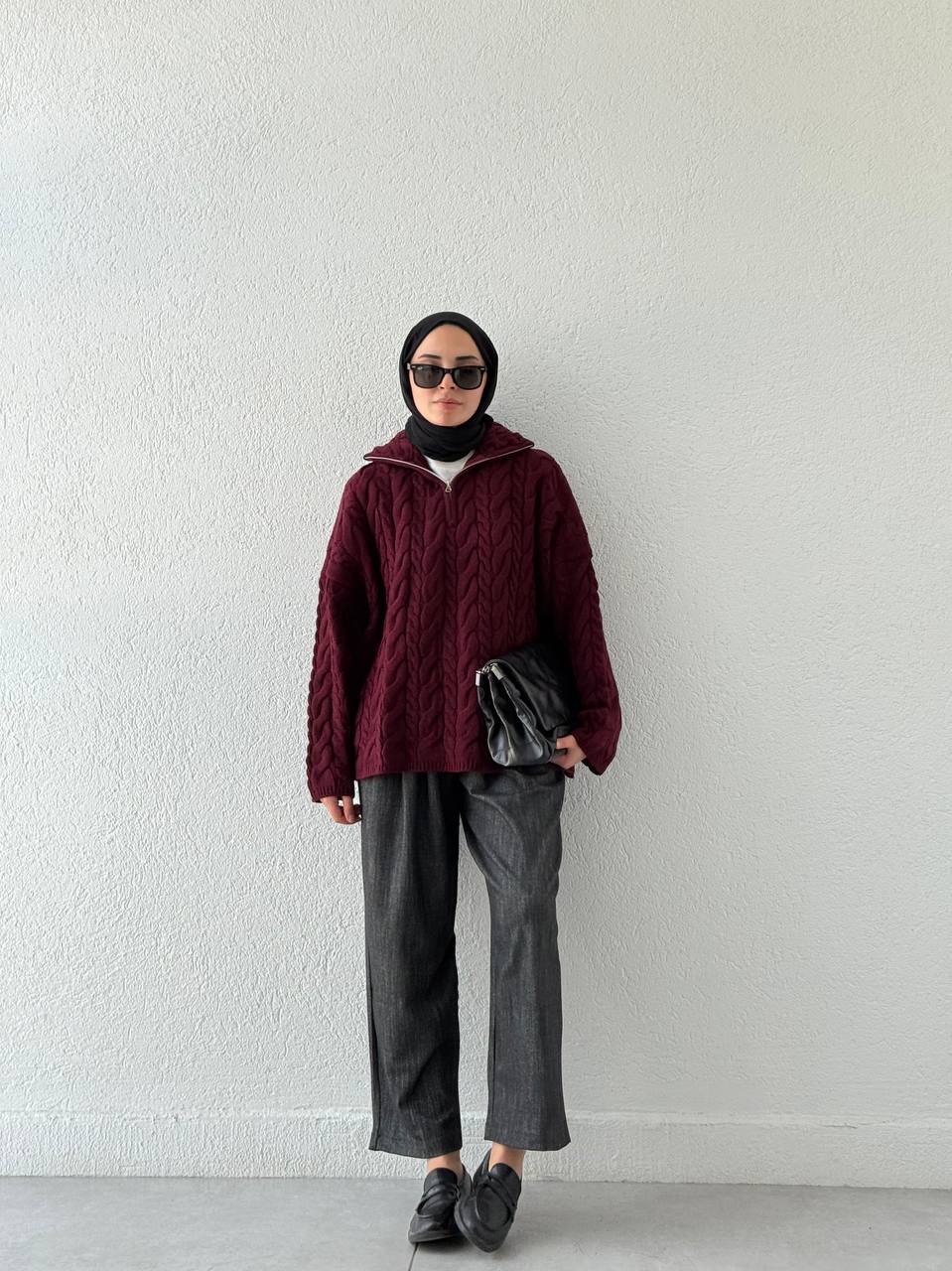 Fermuar Detaylı Triko Kazak 231078 - bordo