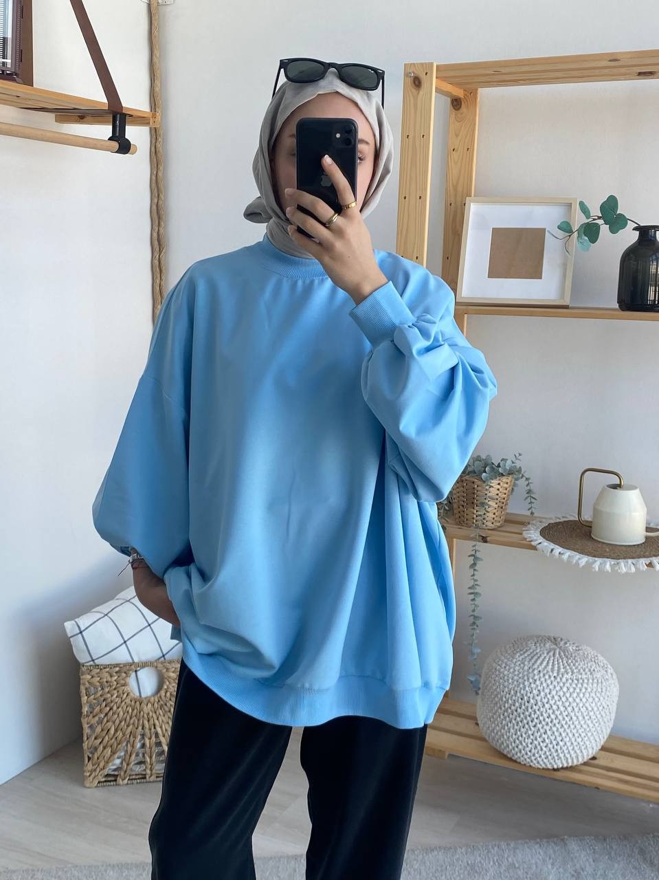 Balon Kol Oversize İki İplik Sweatshirt - Mavi