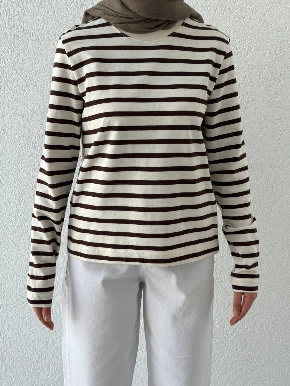 Çizgili Uzun Kollu Biyeli Tişört  - Kahve
