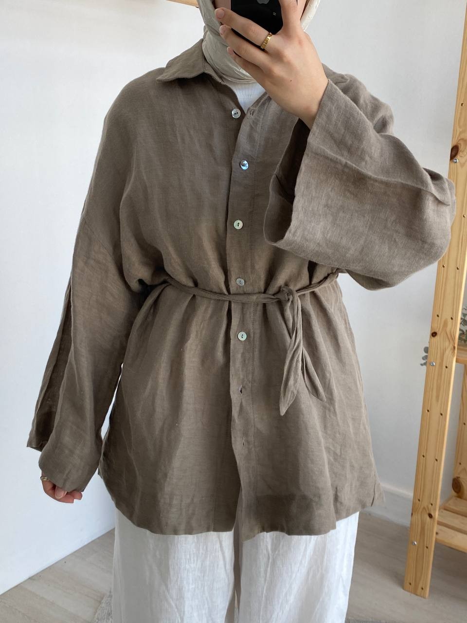 Premium Oversize Keten Kuşaklı Gömlek