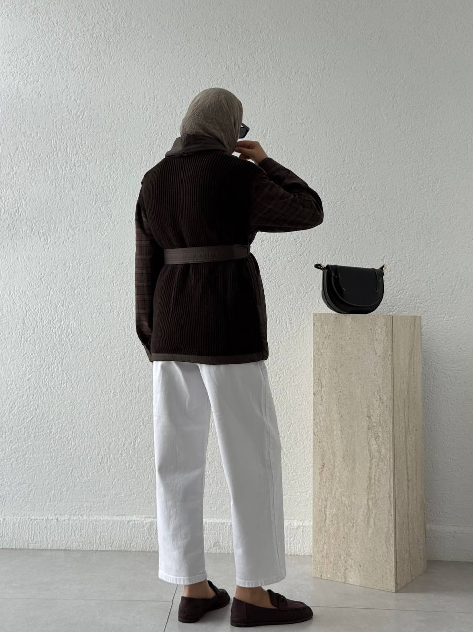 Triko Detay Kemerli Şişme Yelek T42 - Kahve