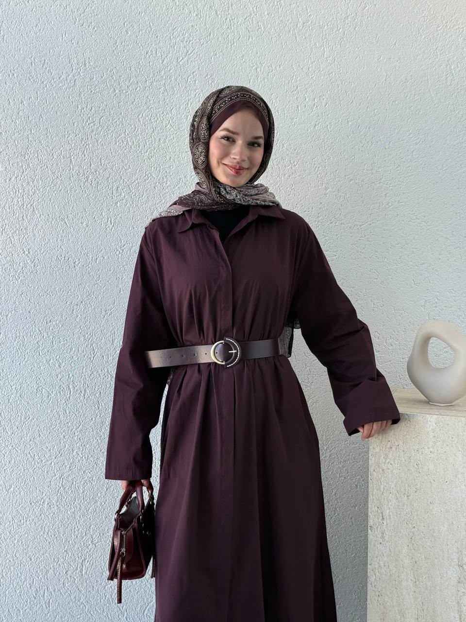 Kemerli Poplin Gömlek Elbise 3350 - bordo
