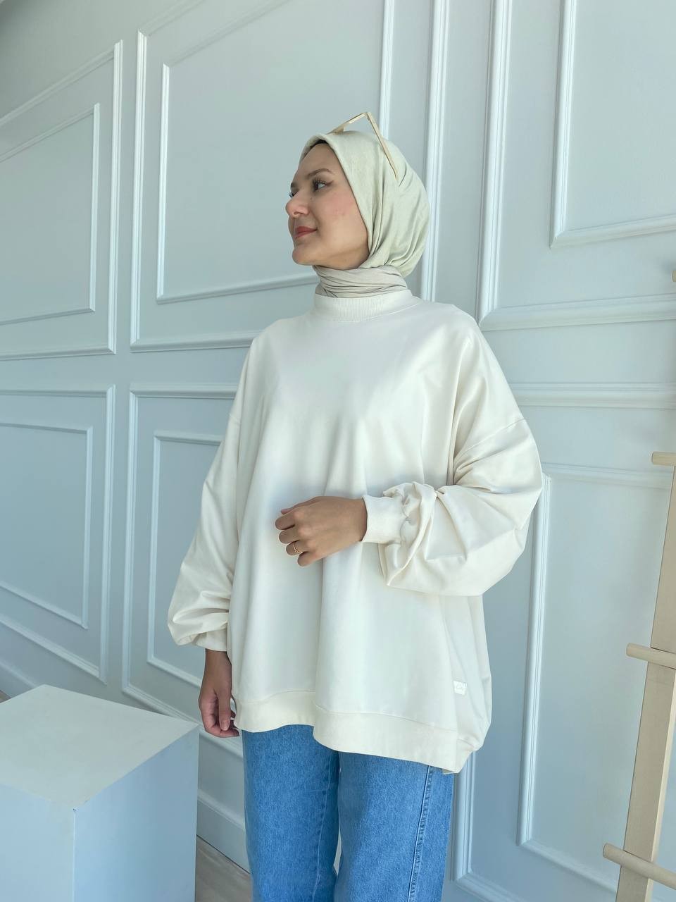 Balon Kol Oversize İki İplik Sweatshirt - Ekru