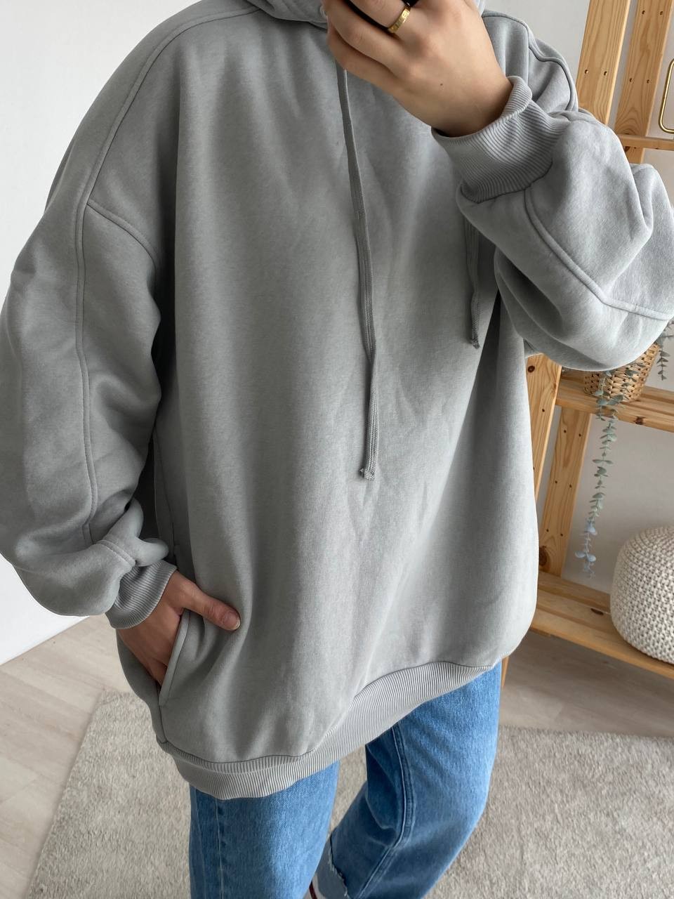 Oversize Kapşonlu Şardonlu Sweat - Gri