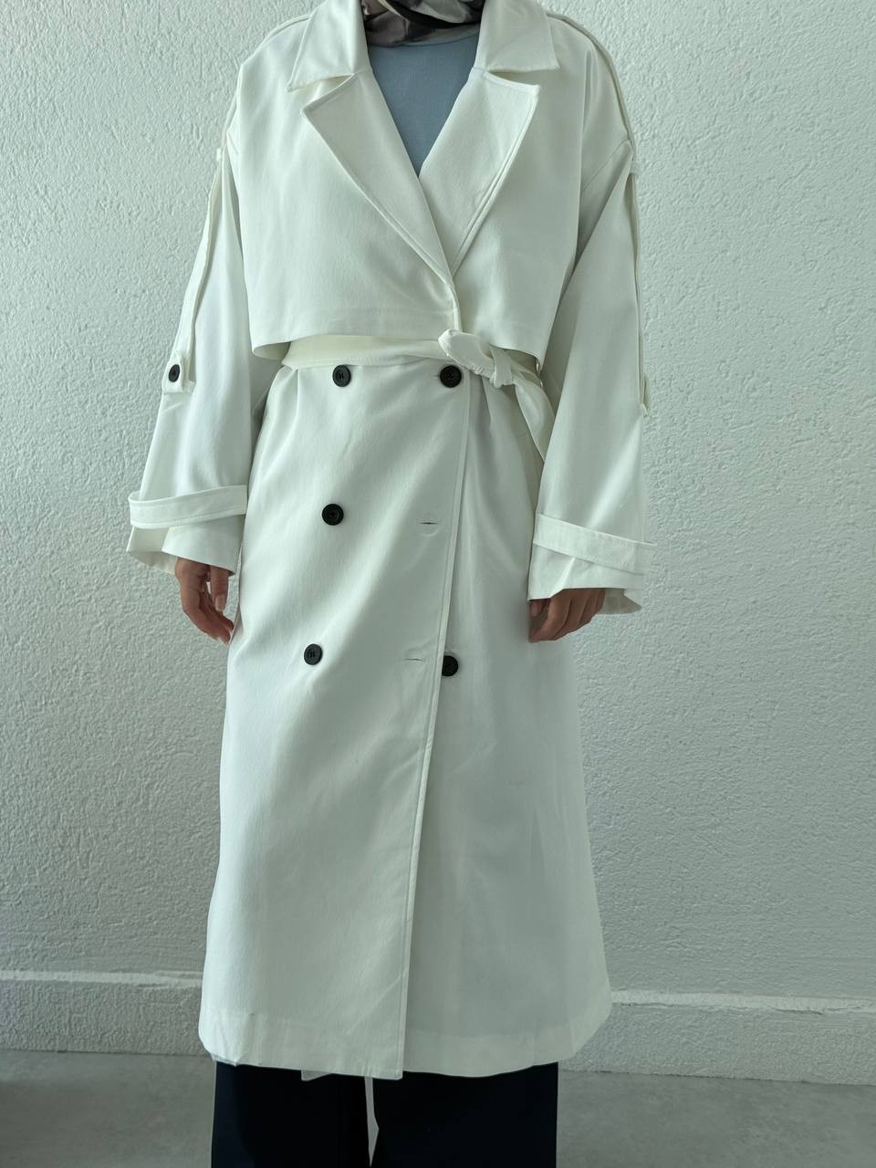 Premium Kalite Oversize Astarlı Kuşaklı Trençkot - Beyaz