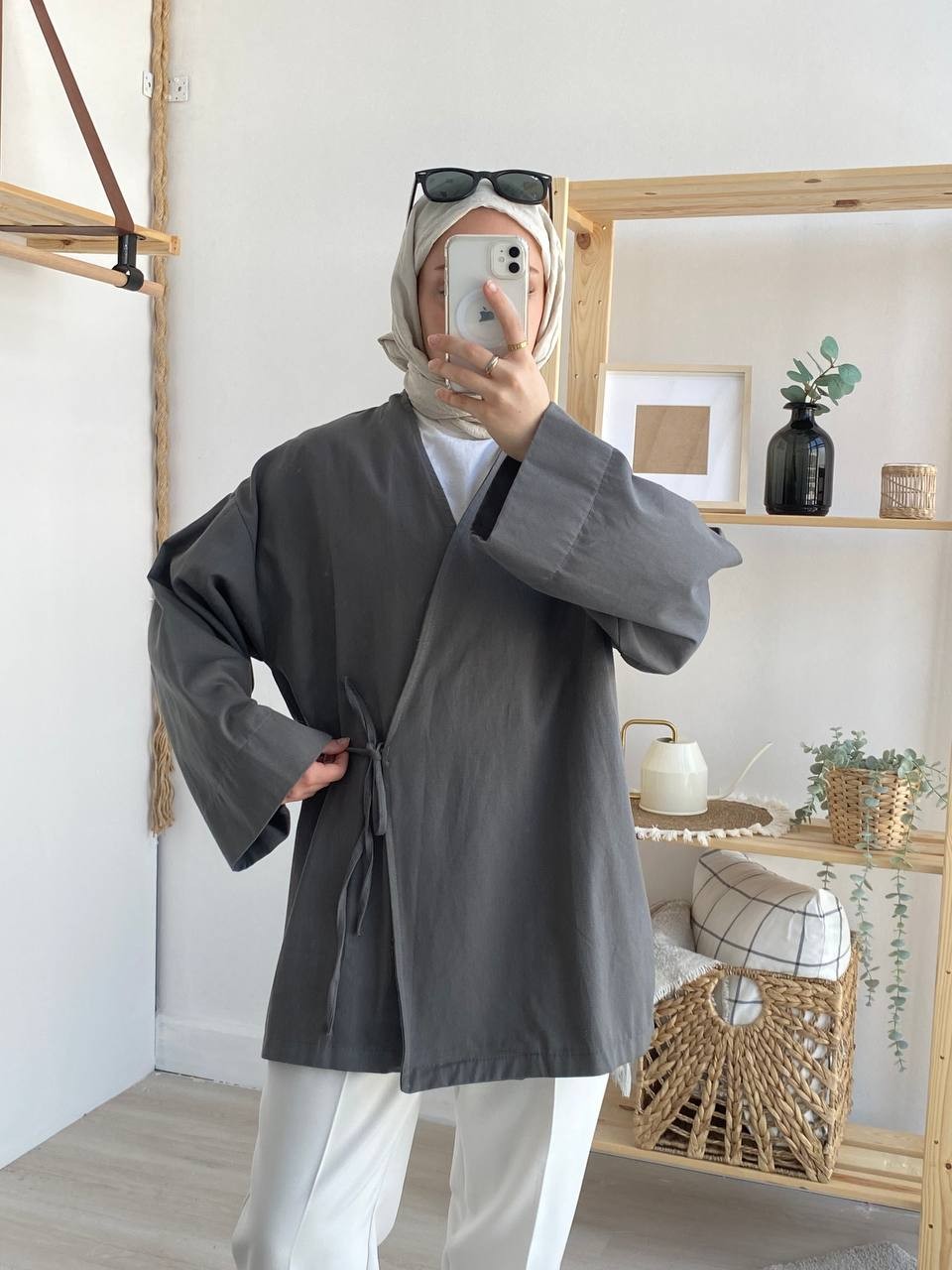 Gabardin Belden Bağlamalı Kimono - Antrasit