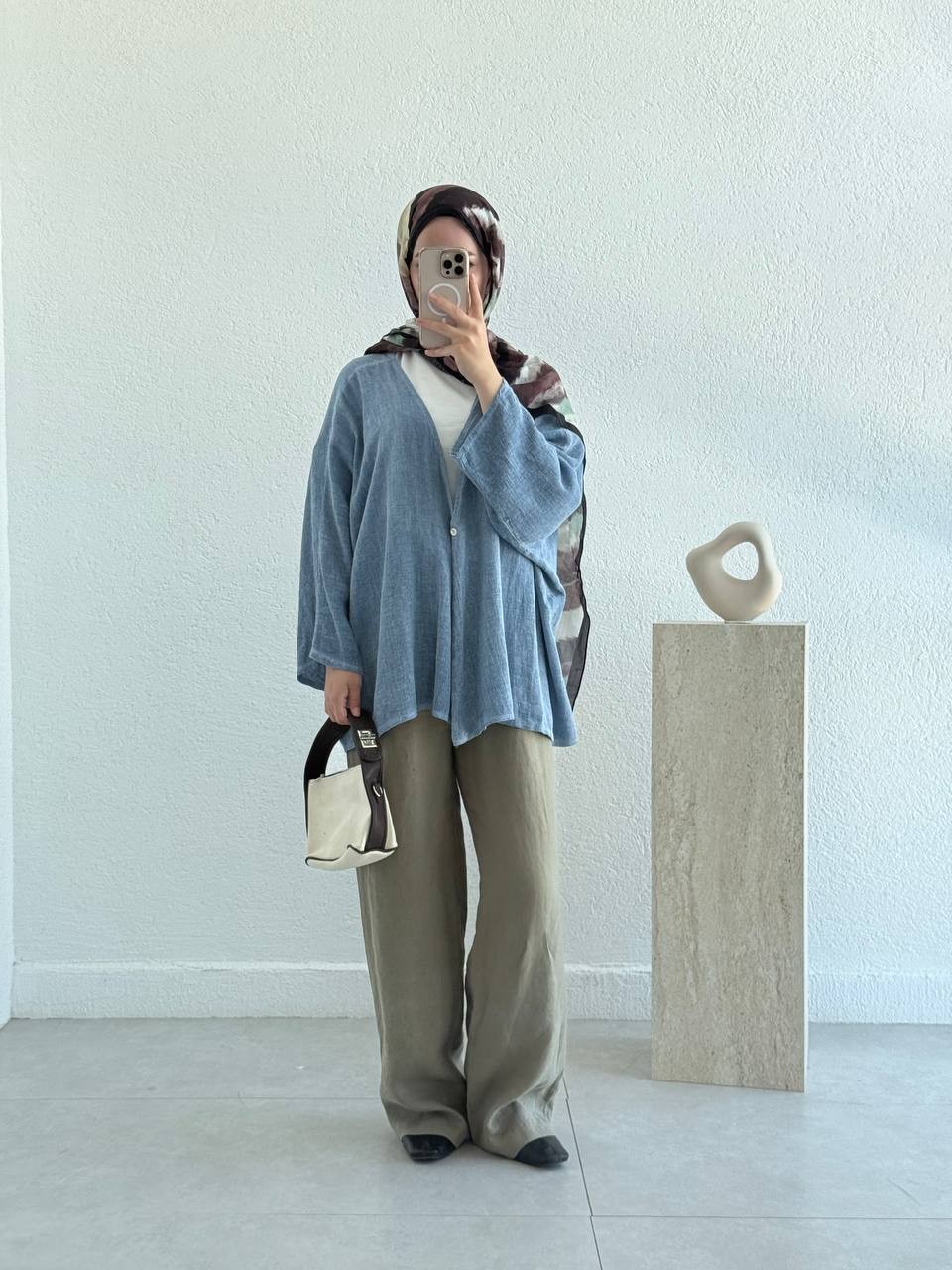 Keten Dokulu Tek Düğmeli Hırka - Kimono - Mavi