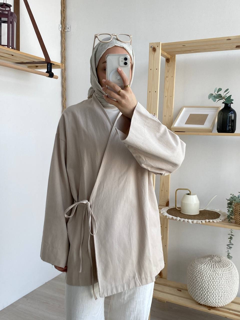 Gabardin Belden Bağlamalı Kimono - Bej