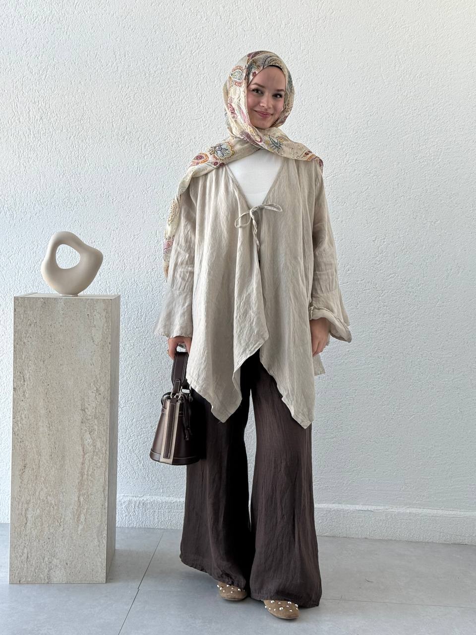 Premium Kalite Keten Önden Bağlamalı Kimono flr - Taş