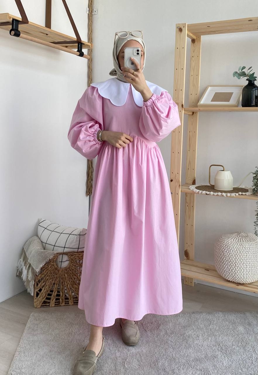 Bebe Yakalı Poplin Elbise - Açık Pembe