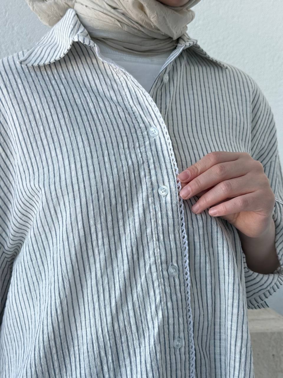 Keten Çizgili Dantel Detaylı Gömlek 4970 - Lacivert