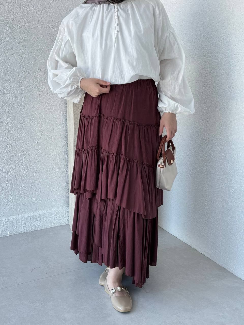Katlı Beli Lastikli Vual Pamuk Etek 417 - bordo