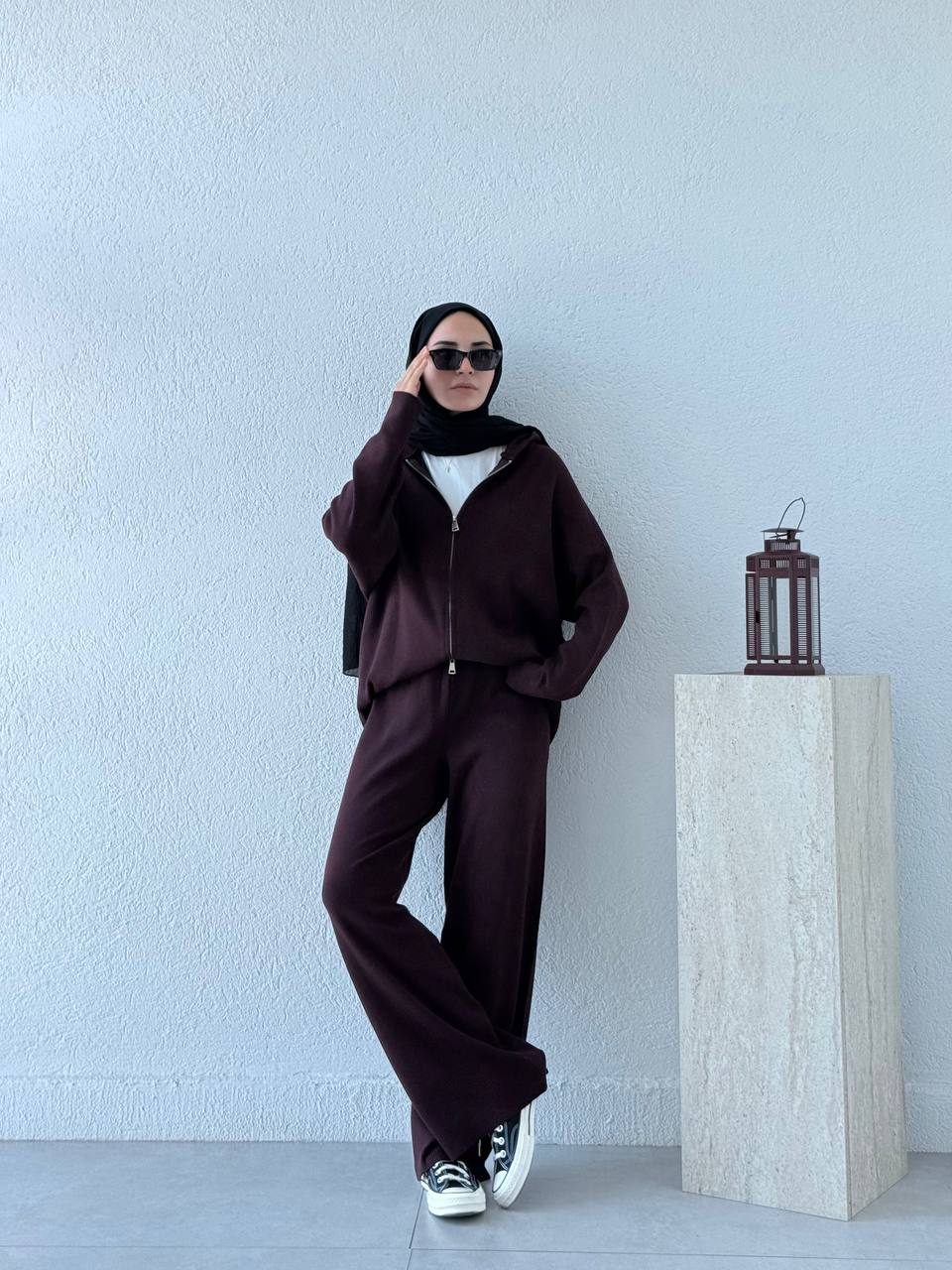 Oysho Model Kapüşonlu Triko Takım T23 - bordo