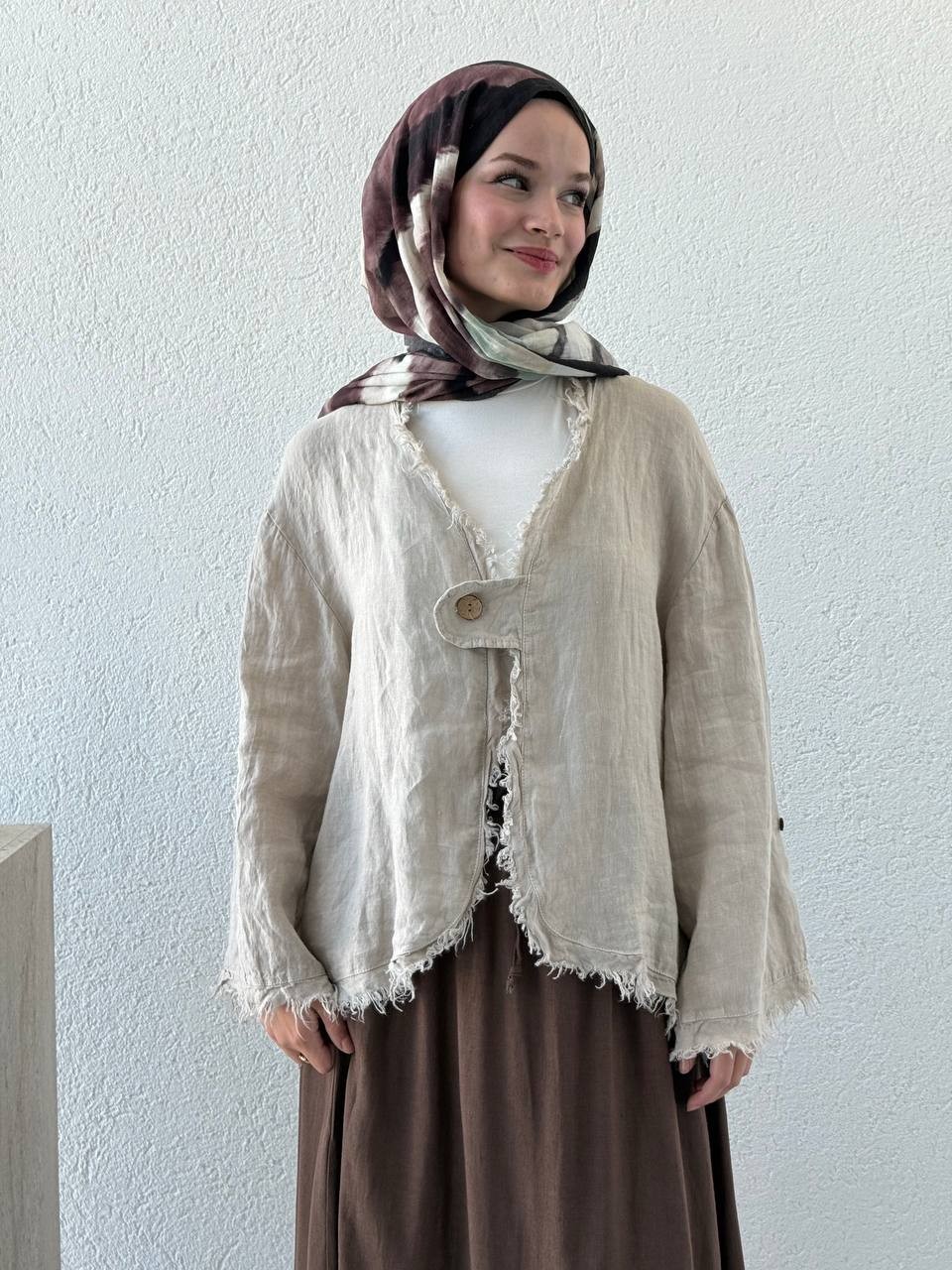 Keten Tek Düğmeli Pis Dikişili Ceket flr - Taş