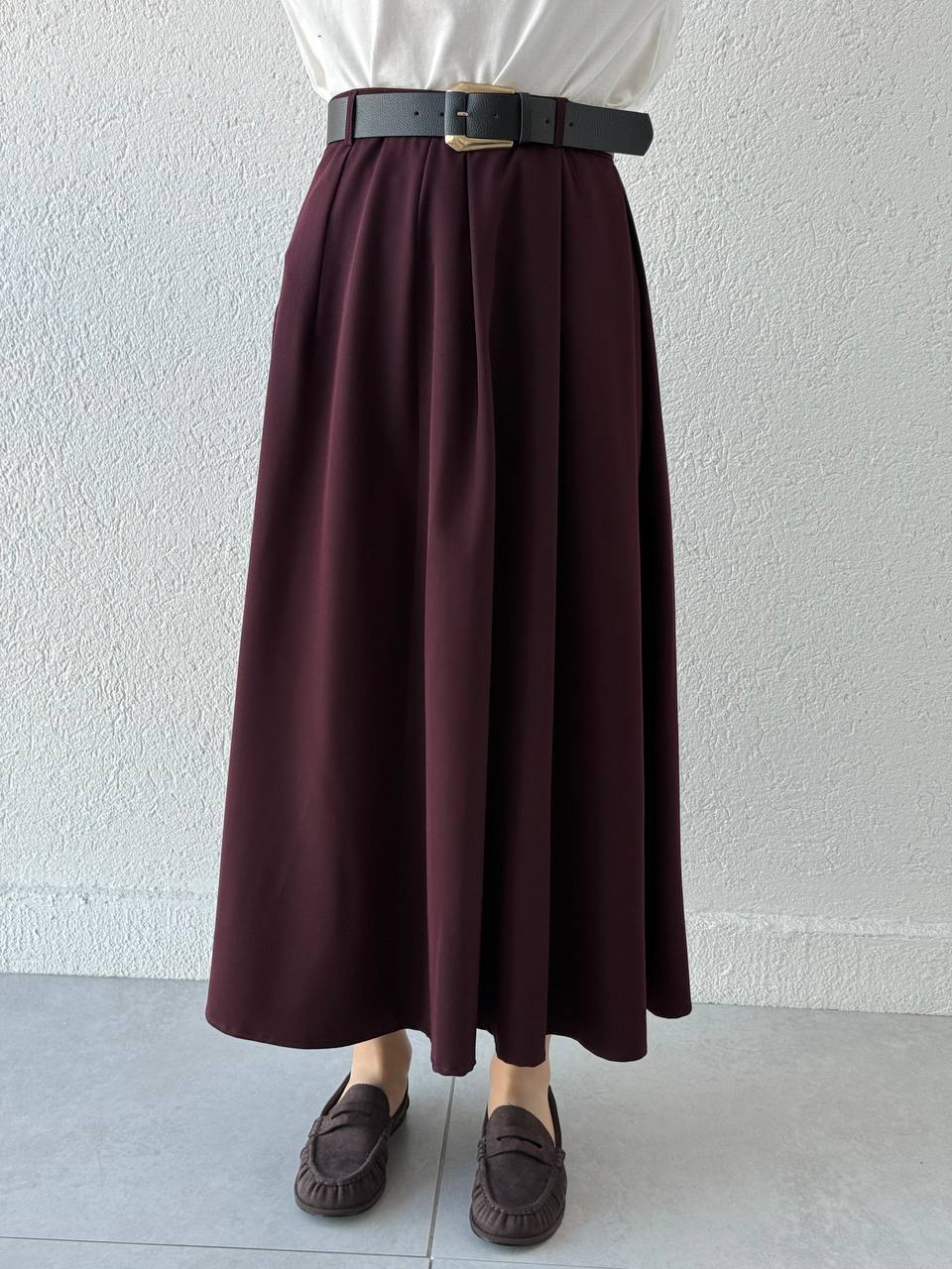 Poliviskon Pileli Yüksek Bel Kemerli Etek 3360 - bordo