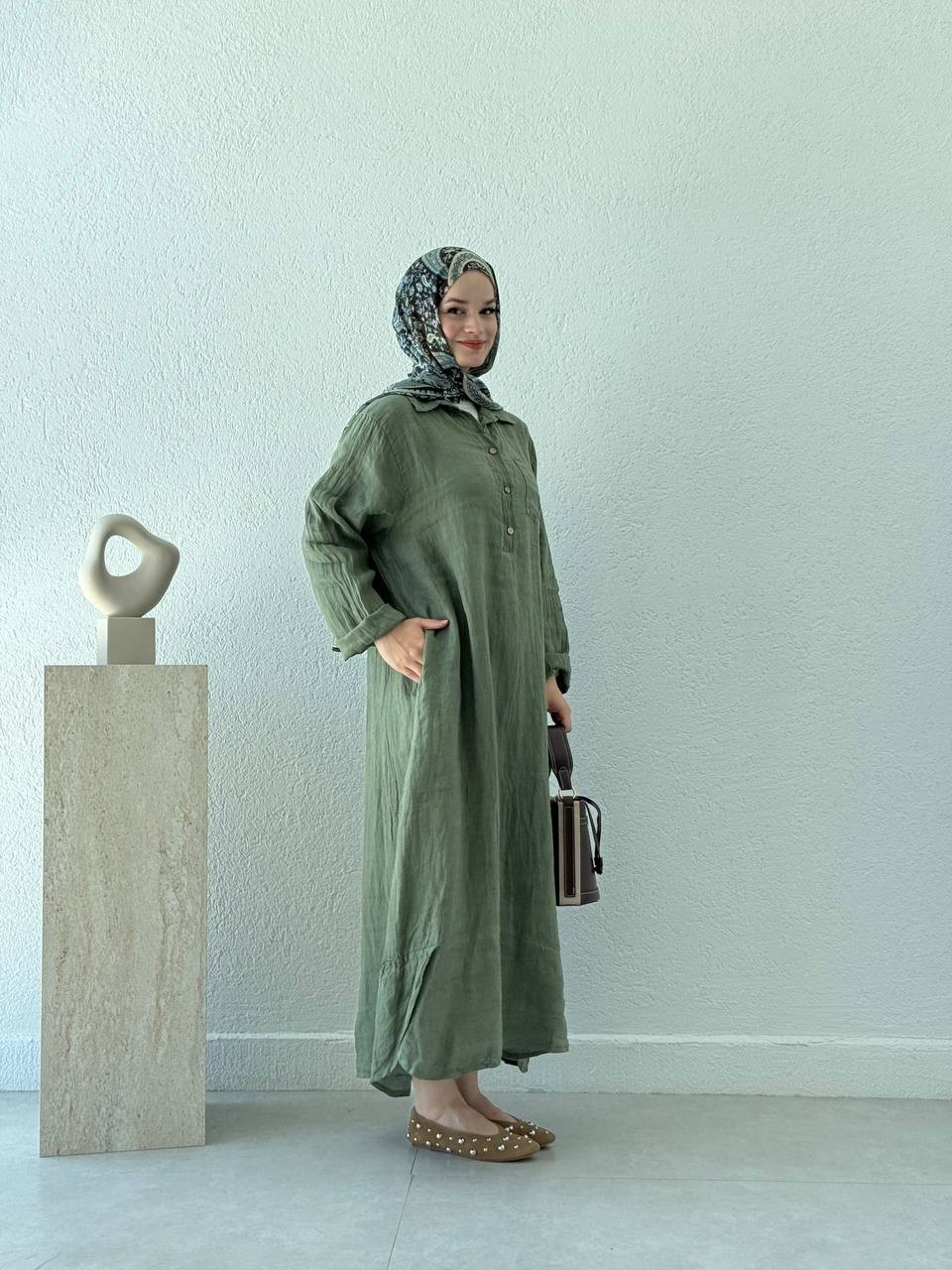 Keten Düğmeli Oversize Cepli Elbise FLR - Yeşil