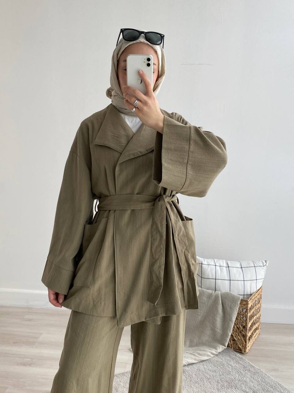 Pamuk Keten Dokulu Kimono Takım 8477 - Yeşil