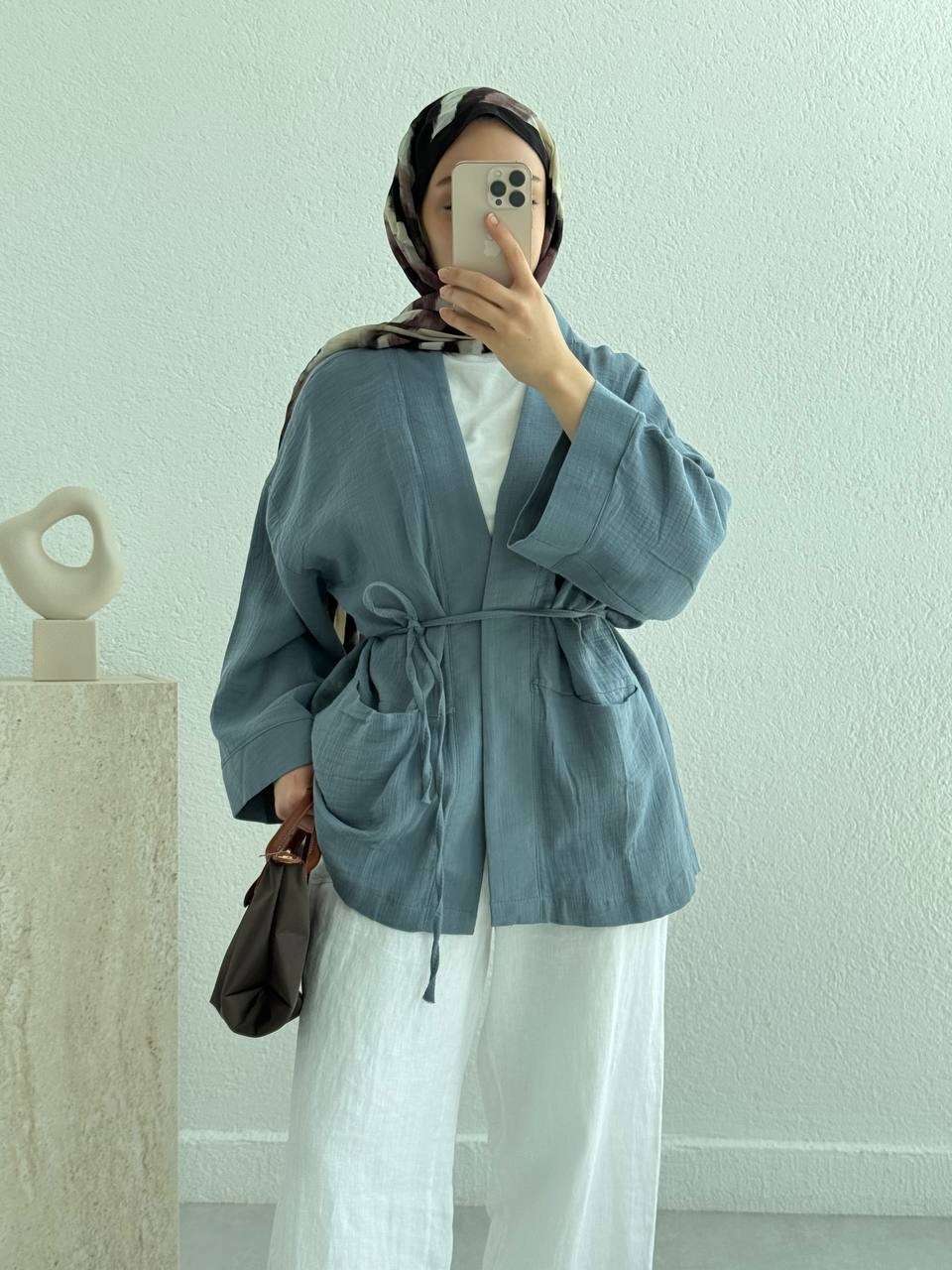 Müslin İki Cepli Kuşaklı Kimono - mavi-gri