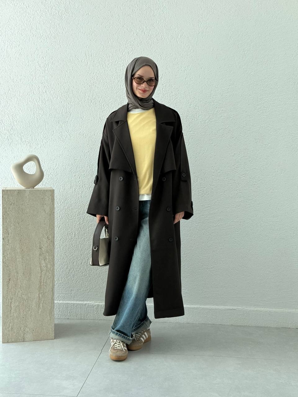 Premium Kalite Oversize Astarlı Kuşaklı Trençkot - Acı Kahve